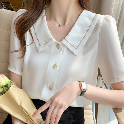 Zomerse Witte Chiffon Blouse met Korte Mouwen