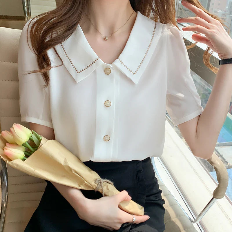 Zomerse Witte Chiffon Blouse met Korte Mouwen