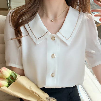 Zomerse Witte Chiffon Blouse met Korte Mouwen