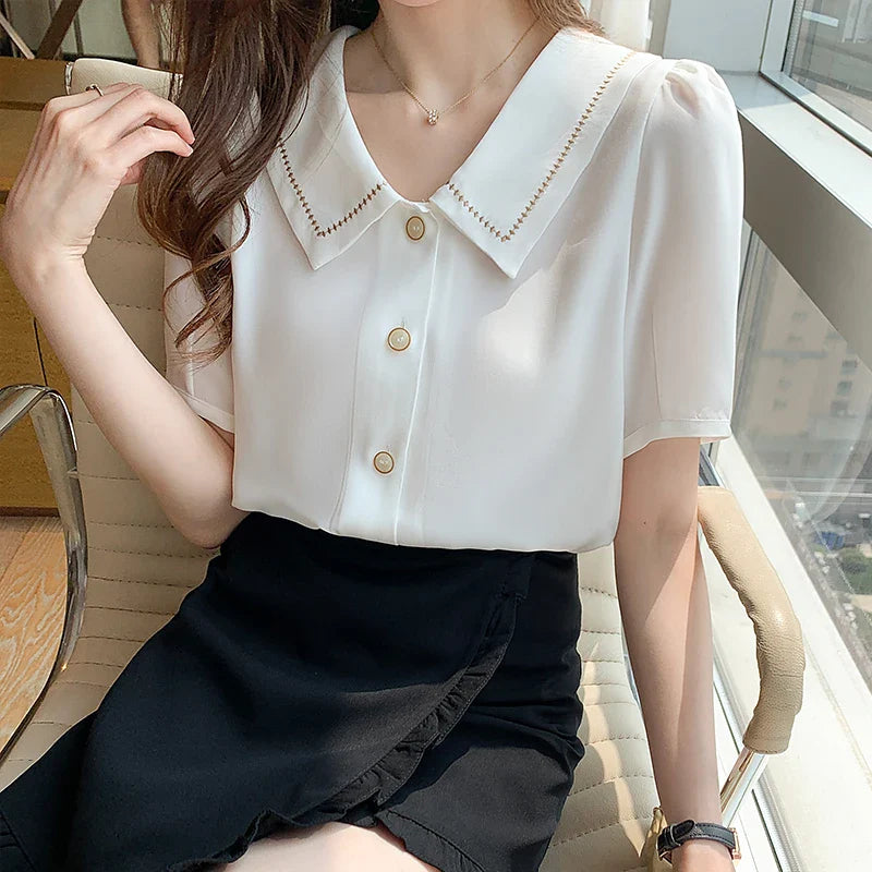 Zomerse Witte Chiffon Blouse met Korte Mouwen