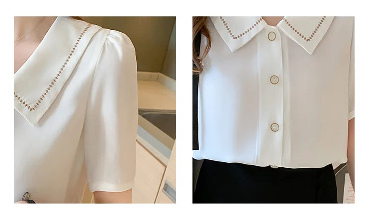 Zomerse Witte Chiffon Blouse met Korte Mouwen