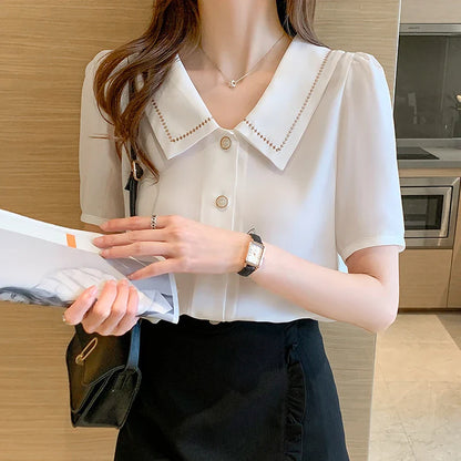 Zomerse Witte Chiffon Blouse met Korte Mouwen