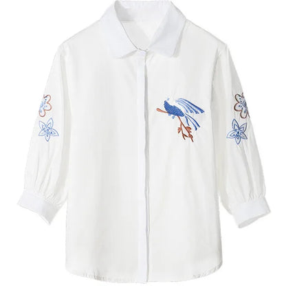 Elegante Geborduurde Blouse met Driekwart Mouwen
