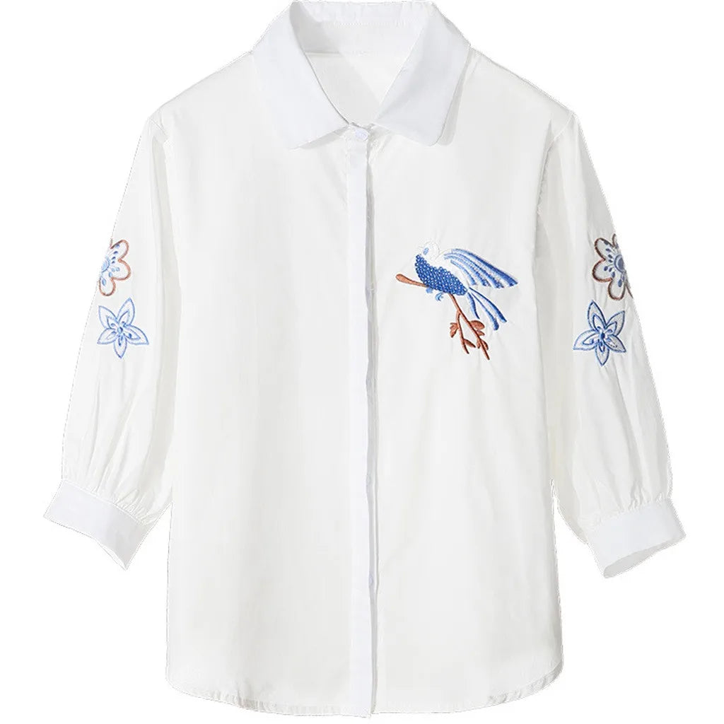 Elegante Geborduurde Blouse met Driekwart Mouwen