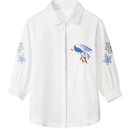Elegante Geborduurde Blouse met Driekwart Mouwen