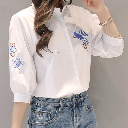 Elegante Geborduurde Blouse met Driekwart Mouwen