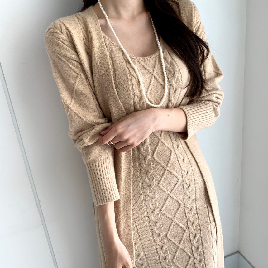 Warme Gebreide Winterjurk met Vest 2-Delige Set