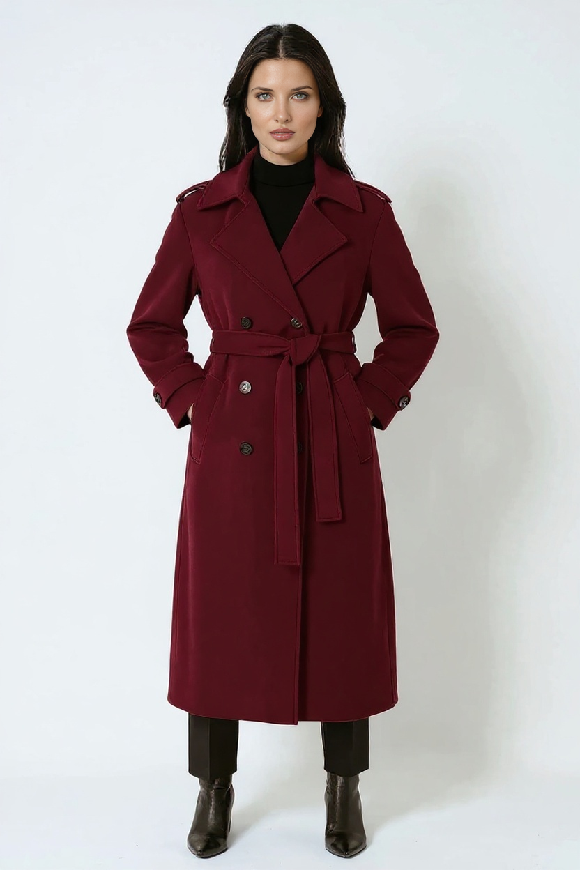 Dames Winterjas Lange Bourgogne Kleur met Ceintuur en Dubbele Knopen
