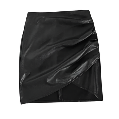 Asymmetrische Imitatieleer Rok met Plooien Voor Vrouw