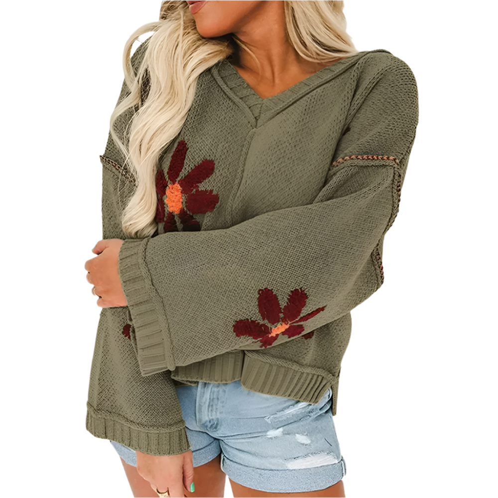 Gebreide Trui met Grote Bloemmotieven - Mode Vibes