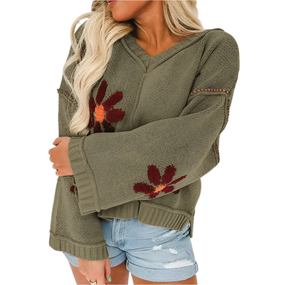 Gebreide Trui met Grote Bloemmotieven - Mode Vibes