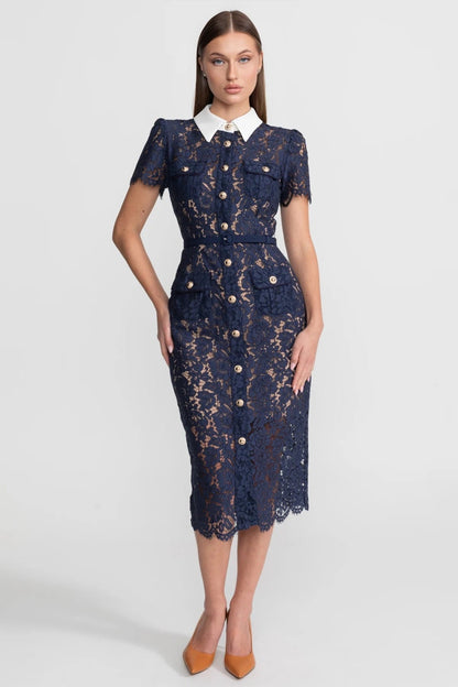 Dames Midi Jurk van Bloemenkant met Kraag en Tailleceintuur – Marineblauw