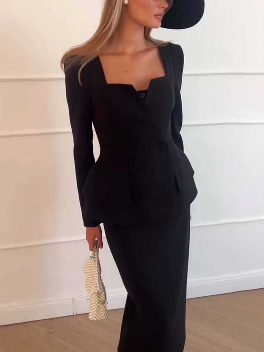 Vrouwelijke Kantoorset Blazer en Rok Elegante Tweedelig Pak