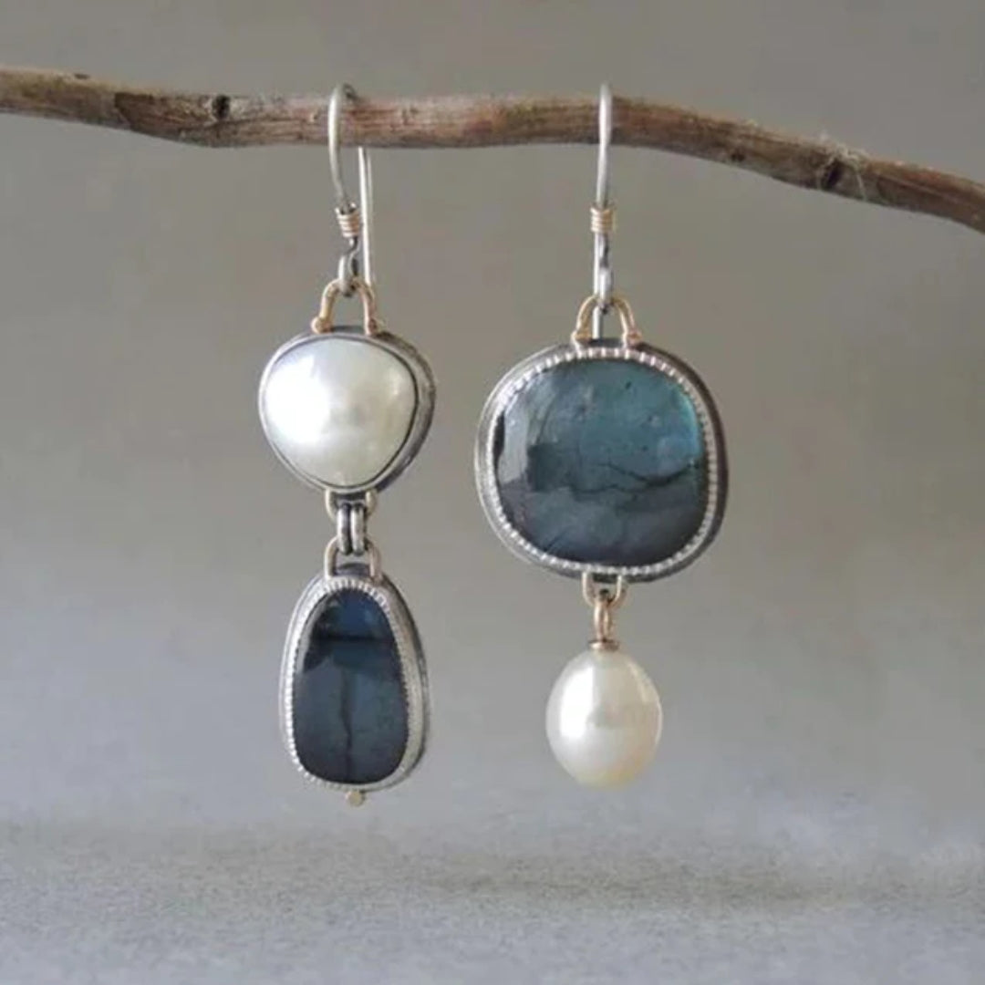 Blauwe Oorbellen met Parel en Natuursteen Vintage Stijl - Mode Vibes