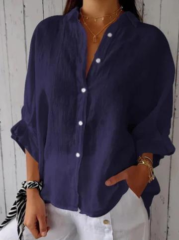 Vrouwelijke Katoenen Blouse met Knoopsluiting Linnen Look