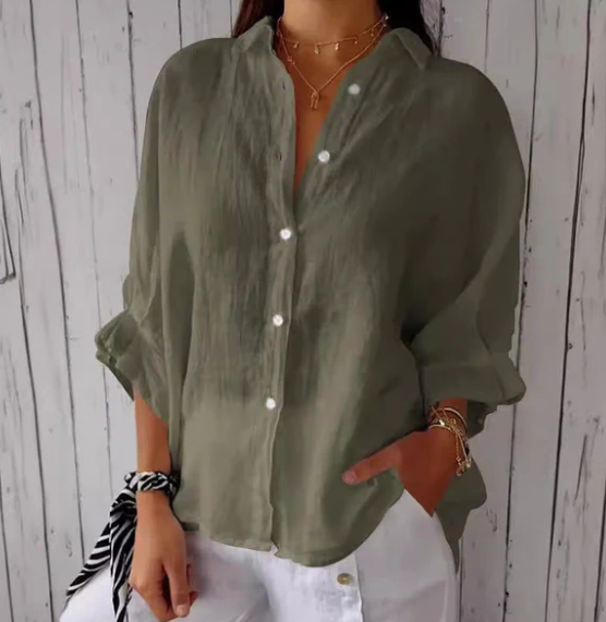 Vrouwelijke Katoenen Blouse met Knoopsluiting Linnen Look