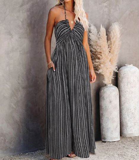 Sexy Gestreepte Lange Jurk met Verstelbare Top - Mode Vibes