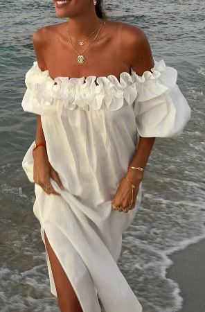 Mooie Jurk Off-the-shoulder Ruches en Pofmouwen Met Zakken