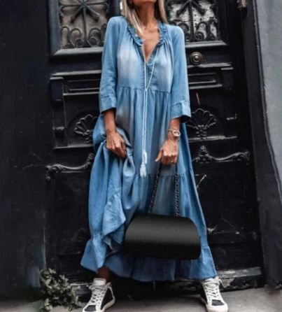 Kanten Maxi Jurk V-Hals Grote Zoom Vintage Stijl - Mode Vibes