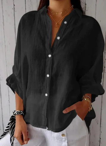 Vrouwelijke Katoenen Blouse met Knoopsluiting Linnen Look