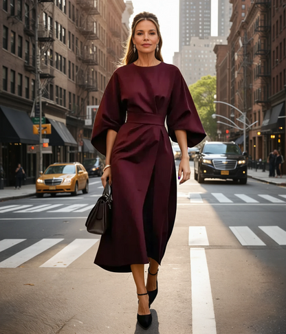 Midi-Jurk met Lantaarnmouwen en Elegante Tailleceintuur