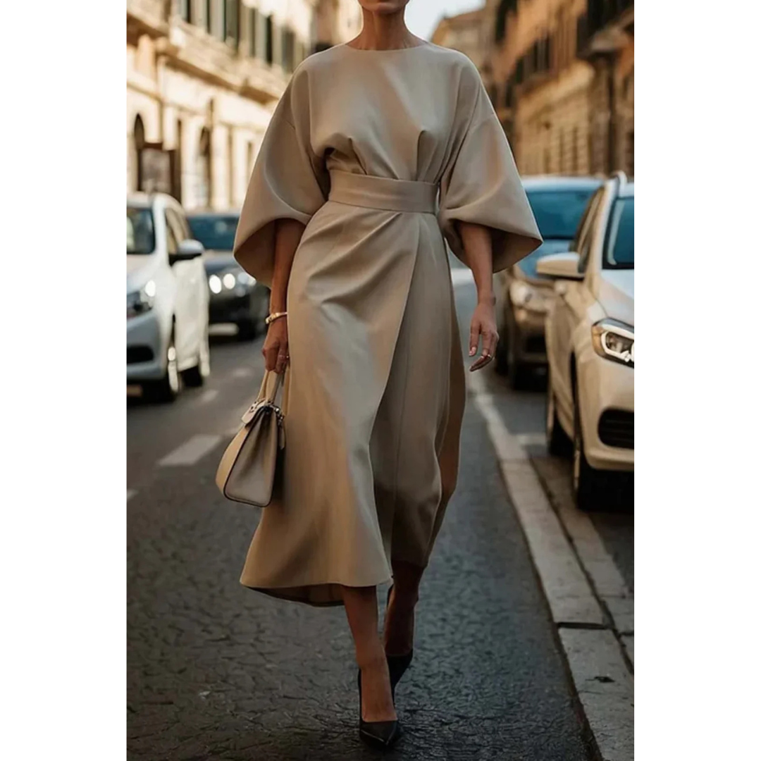 Midi-Jurk met Lantaarnmouwen en Elegante Tailleceintuur