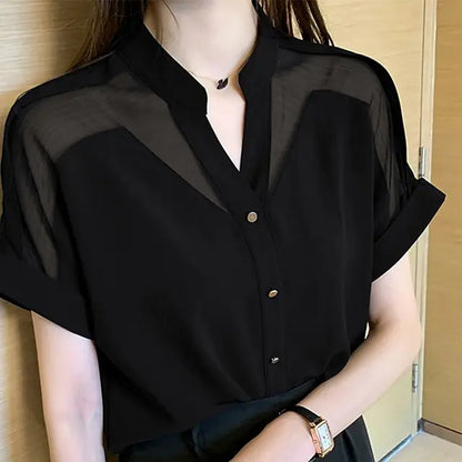 Elegante Zomer Chiffon Blouse - Vrouwelijke Sheer Spliced Detail