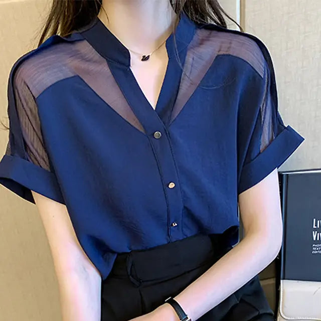 Elegante Zomer Chiffon Blouse - Vrouwelijke Sheer Spliced Detail