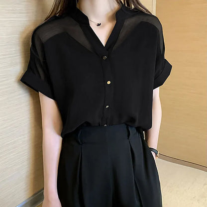 Elegante Zomer Chiffon Blouse - Vrouwelijke Sheer Spliced Detail