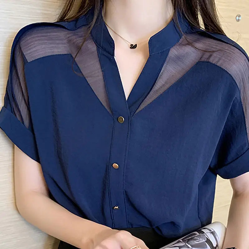 Elegante Zomer Chiffon Blouse - Vrouwelijke Sheer Spliced Detail