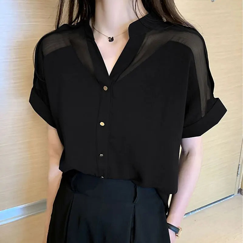 Elegante Zomer Chiffon Blouse - Vrouwelijke Sheer Spliced Detail