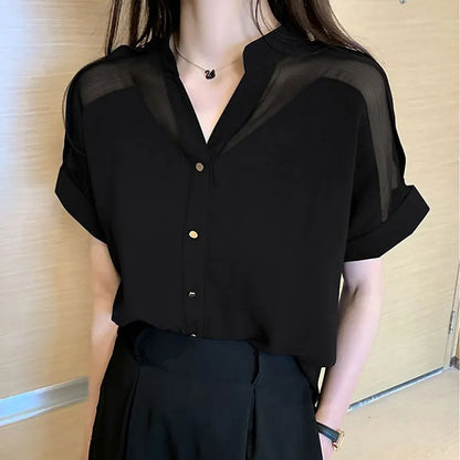 Elegante Zomer Chiffon Blouse - Vrouwelijke Sheer Spliced Detail