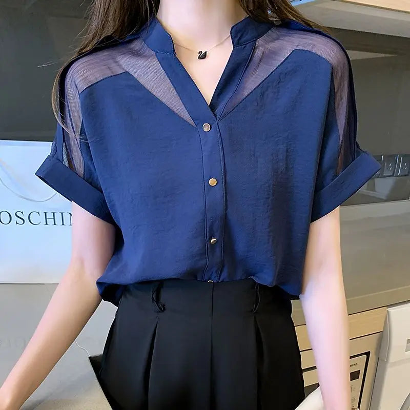 Elegante Zomer Chiffon Blouse - Vrouwelijke Sheer Spliced Detail