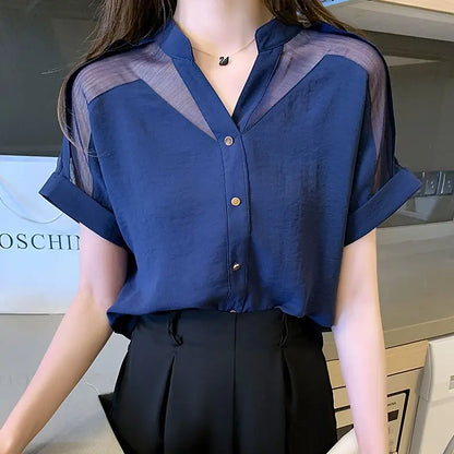Elegante Zomer Chiffon Blouse - Vrouwelijke Sheer Spliced Detail