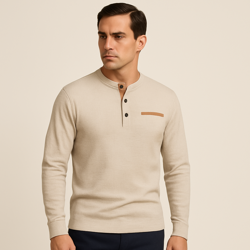 Heren Henley Shirt Langarm Geribde Katoen Kwaliteit - Mode Vibes