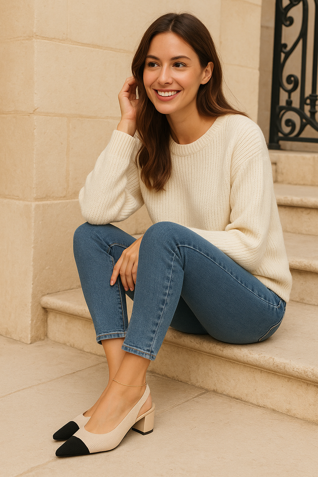 Slingback Hakken Puntige Neus Blokhak voor Vrouw