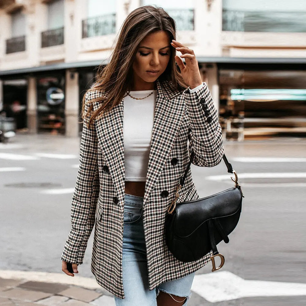 Geruite Blazer Dames Elegant Klassiek - Mode Vibes