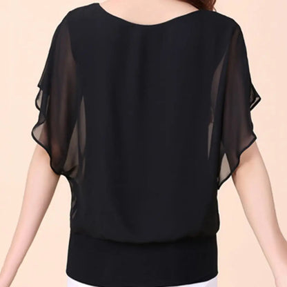 Chique Chiffon Blouse - Vrouwentop in Effen Kleur met Vleermuismouwen en Ruches