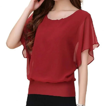 Chique Chiffon Blouse - Vrouwentop in Effen Kleur met Vleermuismouwen en Ruches