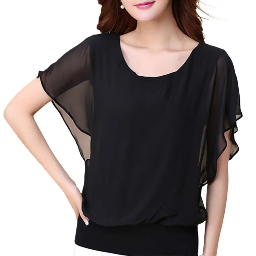 Chique Chiffon Blouse - Vrouwentop in Effen Kleur met Vleermuismouwen en Ruches