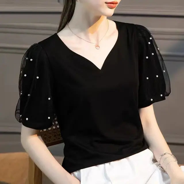 Bellissima Chic Parel Bezaaide Perzik Hart V-Hals Shirt voor de Moderne Vrouw!