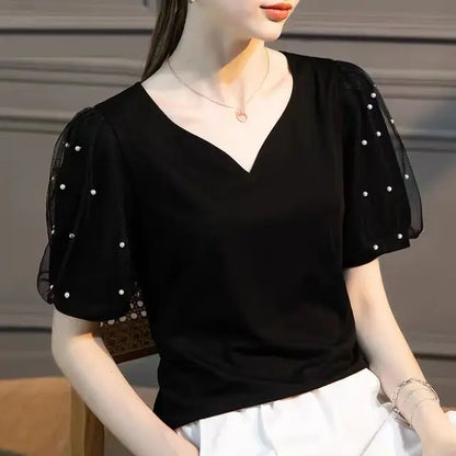 Bellissima Chic Parel Bezaaide Perzik Hart V-Hals Shirt voor de Moderne Vrouw!