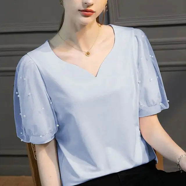 Bellissima Chic Parel Bezaaide Perzik Hart V-Hals Shirt voor de Moderne Vrouw!