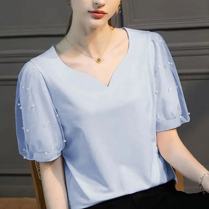 Bellissima Chic Parel Bezaaide Perzik Hart V-Hals Shirt voor de Moderne Vrouw!