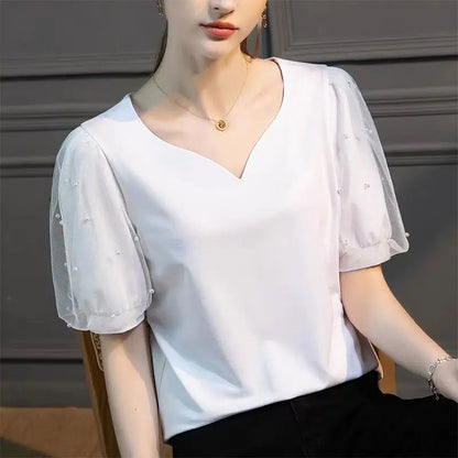 Bellissima Chic Parel Bezaaide Perzik Hart V-Hals Shirt voor de Moderne Vrouw!