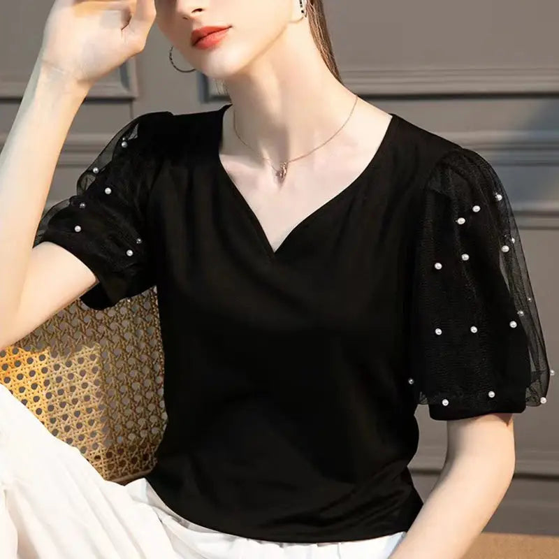 Bellissima Chic Parel Bezaaide Perzik Hart V-Hals Shirt voor de Moderne Vrouw!