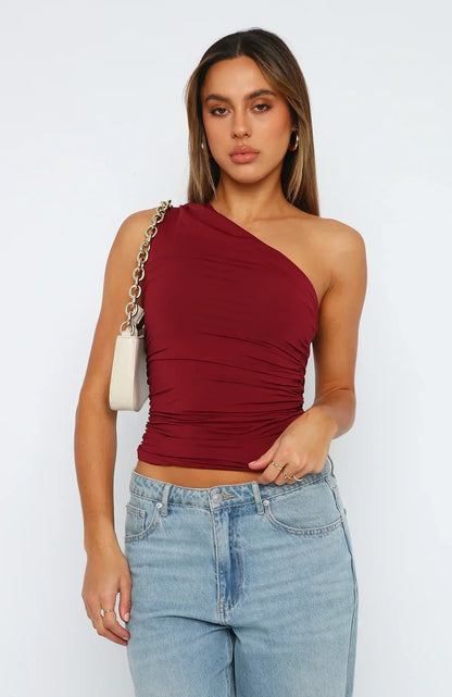 Vrouwelijke One-Shoulder Top Gedraaid Elegant Design - Mode Vibes