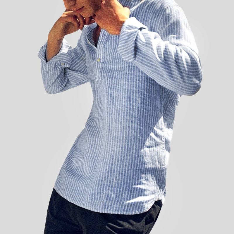 Men’s Cotton-Linen Henley Shirt with Band Collar
