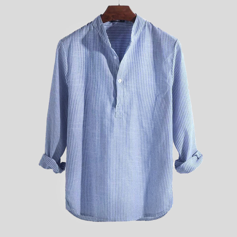 Men’s Cotton-Linen Henley Shirt with Band Collar