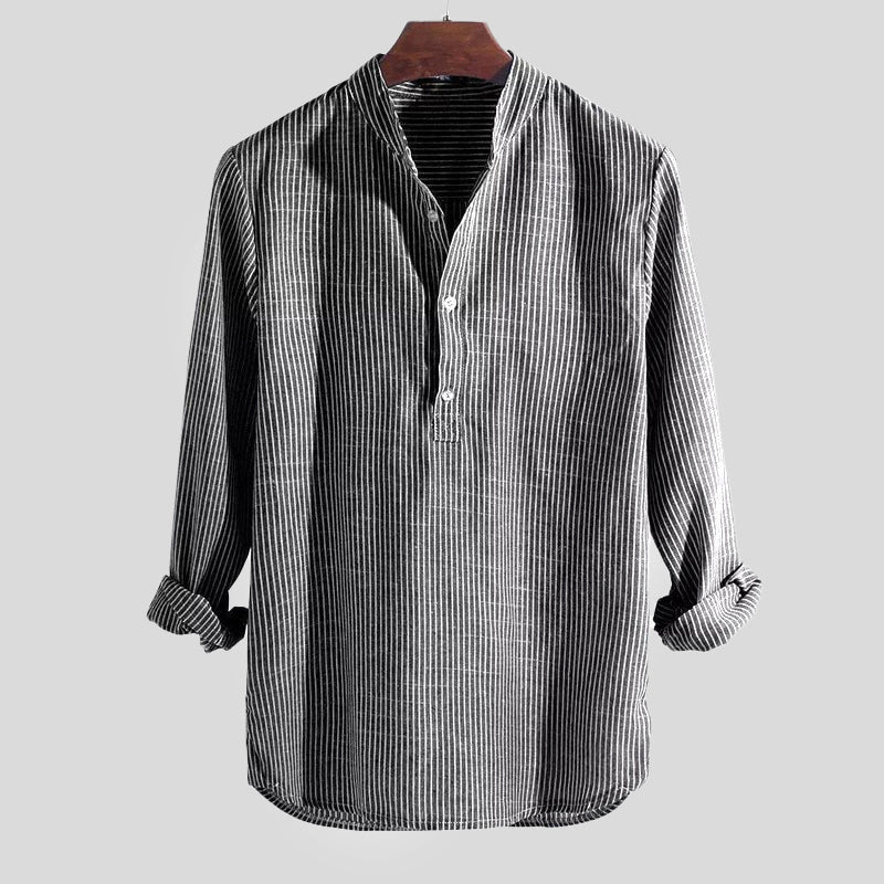 Men’s Cotton-Linen Henley Shirt with Band Collar